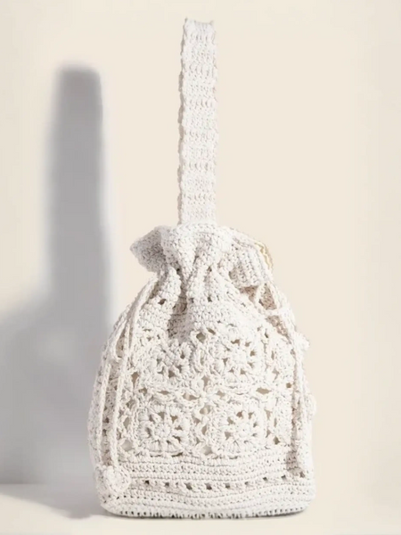 White crocheted drawstring bag, boho shoulder bag with intricate braided details