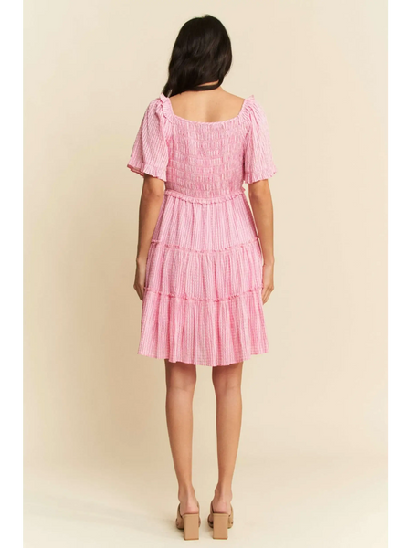 Trendsi midi dress in Barbie pink resort wear with tiered skirt and smocked back detail