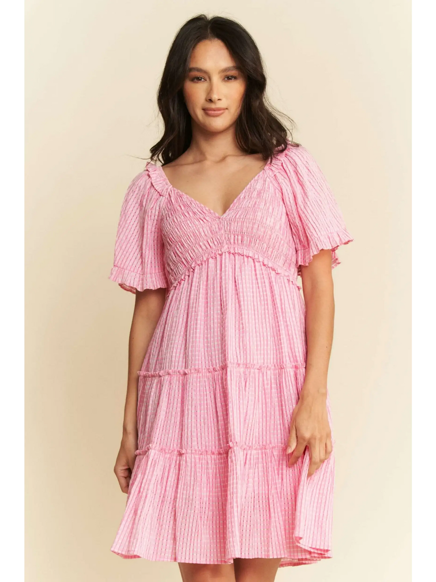 Trendsi Barbie pink resort wear midi dress with v-neck and flutter sleeves