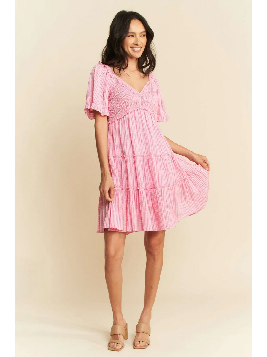 Trendsi Barbie pink resort wear midi dress with V-neck and flutter sleeves on smiling model