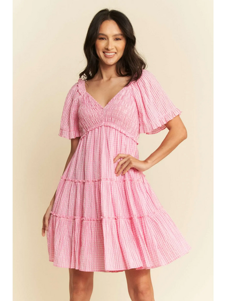 Trendsi Barbie pink resort wear midi dress with flutter sleeves and tiered skirt