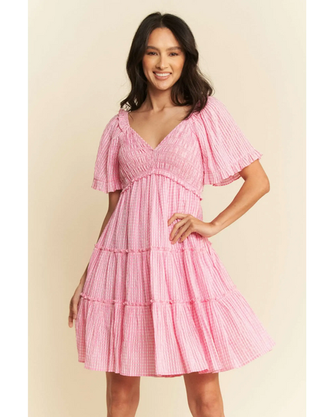 Trendsi Barbie pink resort wear midi dress with flutter sleeves and tiered skirt