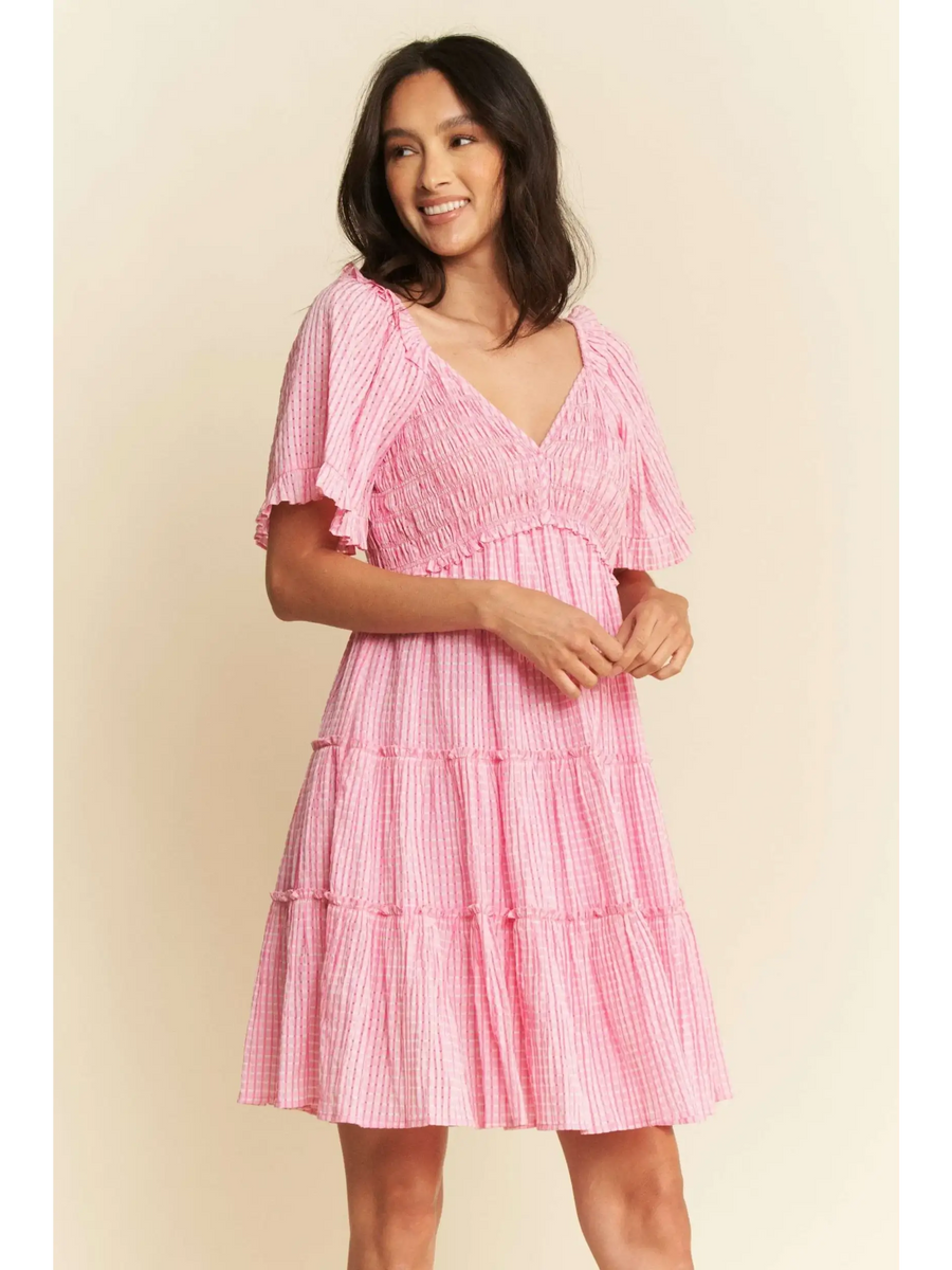 Trendsi pink midi dress with flutter sleeves and tiered skirt in Barbie pink resort wear style
