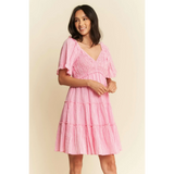 Trendsi pink midi dress with flutter sleeves and tiered skirt in Barbie pink resort wear style