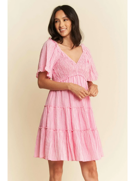 Trendsi pink midi dress with flutter sleeves and tiered skirt in Barbie pink resort wear style