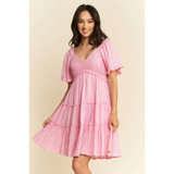 Trendsi Barbie pink resort wear midi dress with short flutter sleeves and tiered skirt