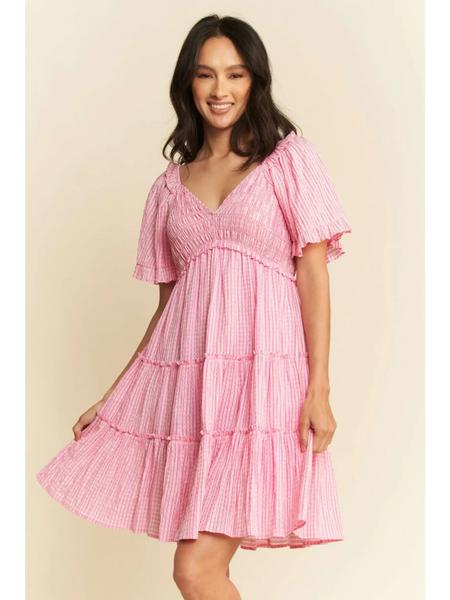 Trendsi Barbie pink resort wear midi dress with short flutter sleeves and tiered skirt