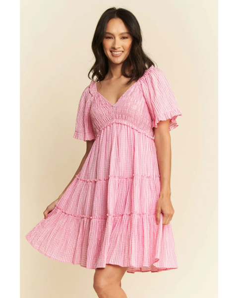 Trendsi Barbie pink resort wear midi dress with short flutter sleeves and tiered skirt