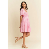 Trendsi Barbie pink resort wear midi dress with tiered skirt and short sleeves