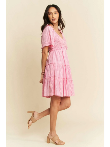 Trendsi Barbie pink resort wear midi dress with tiered skirt and short sleeves