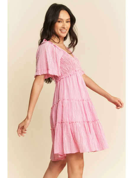 Trendsi Barbie pink resort wear midi dress with tiered skirt and flutter sleeves