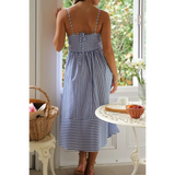 Trendsi beach midi dress with blue and white stripes and spaghetti straps shown from the back