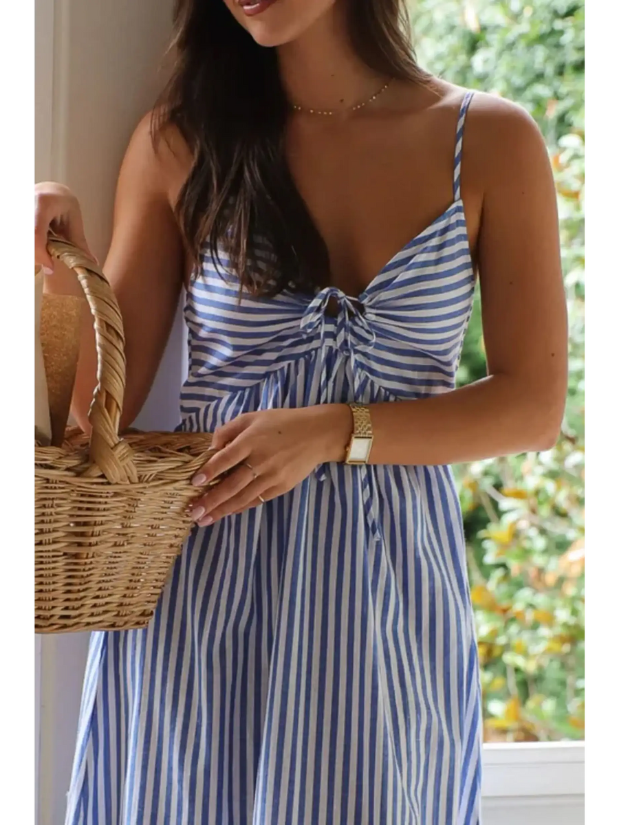 Trendsi blue and white striped beach midi dress with spaghetti straps and tie front detail