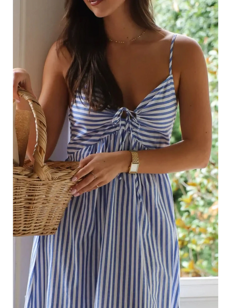 Trendsi blue and white striped beach midi dress with spaghetti straps and tie front detail