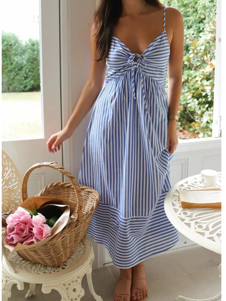  blue and white striped beach midi dress with spaghetti straps and tie front detail