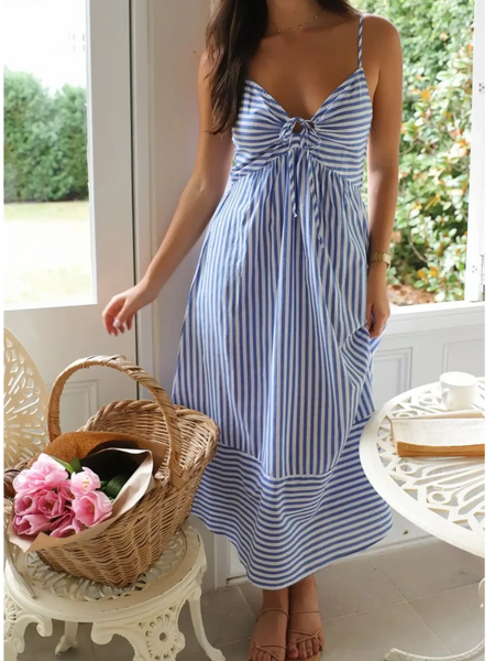  blue and white striped beach midi dress with spaghetti straps and tie front detail