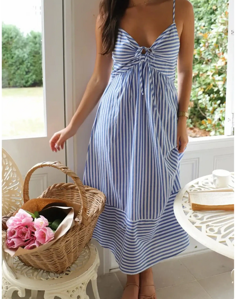  blue and white striped beach midi dress with spaghetti straps and tie front detail