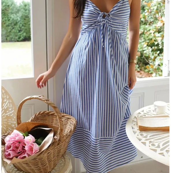  blue and white striped beach midi dress with spaghetti straps and tie front detail