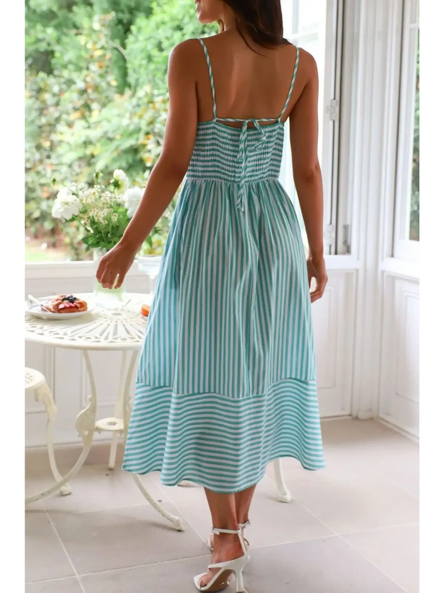 Trendsi beach midi dress with blue and white stripes and adjustable back tie detail