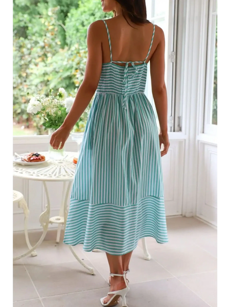 Trendsi beach midi dress with blue and white stripes and adjustable back tie detail