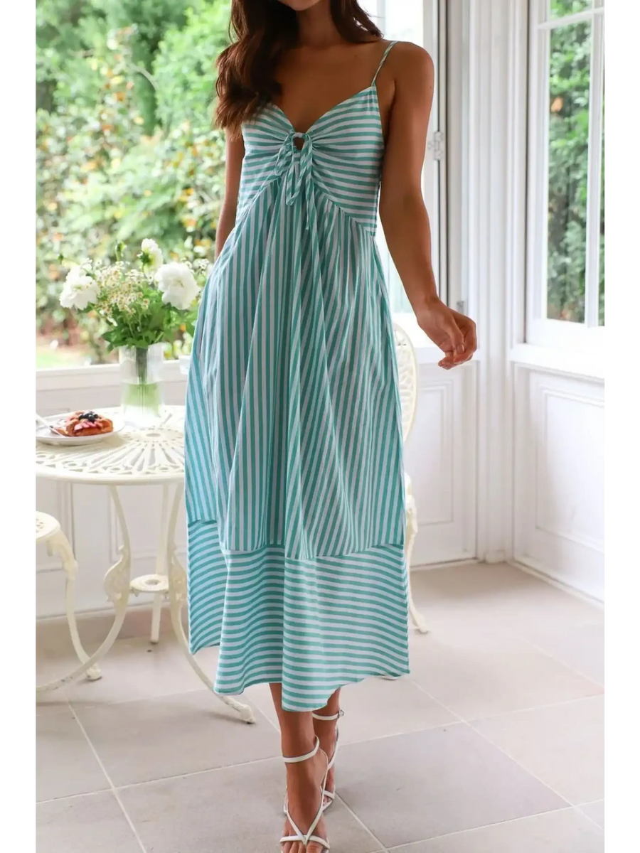 Trendsi blue and white striped beach midi dress with spaghetti straps and a knot front detail
