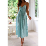 Trendsi blue and white striped beach midi dress with spaghetti straps and a knot front detail