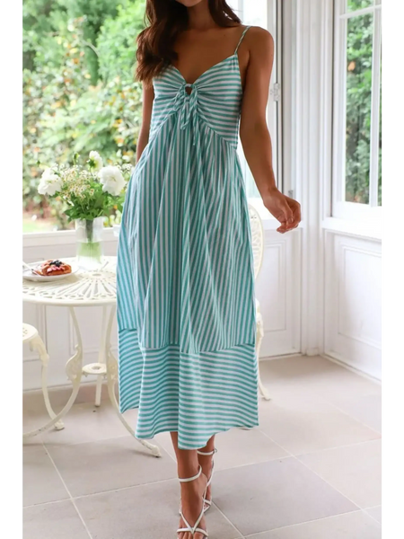 Trendsi blue and white striped beach midi dress with spaghetti straps and a knot front detail