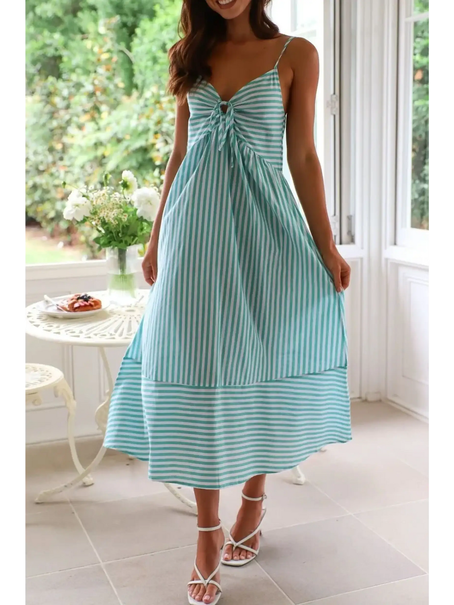 Trendsi blue and white striped beach midi dress with spaghetti straps and flowy skirt