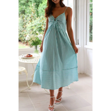 Trendsi blue and white striped beach midi dress with spaghetti straps and flowy skirt