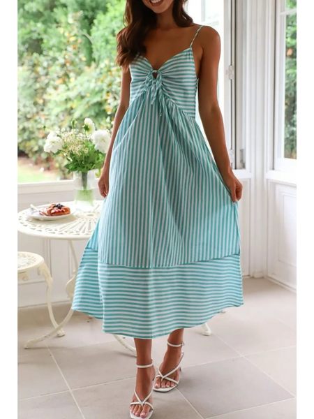 Trendsi blue and white striped beach midi dress with spaghetti straps and flowy skirt