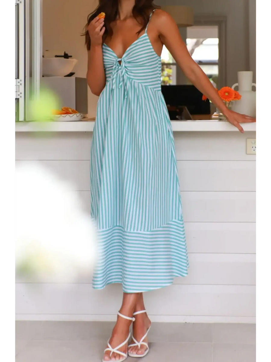Trendsi beach midi dress with blue and white stripes and spaghetti straps for summer wear