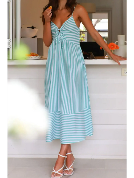 Trendsi beach midi dress with blue and white stripes and spaghetti straps for summer wear