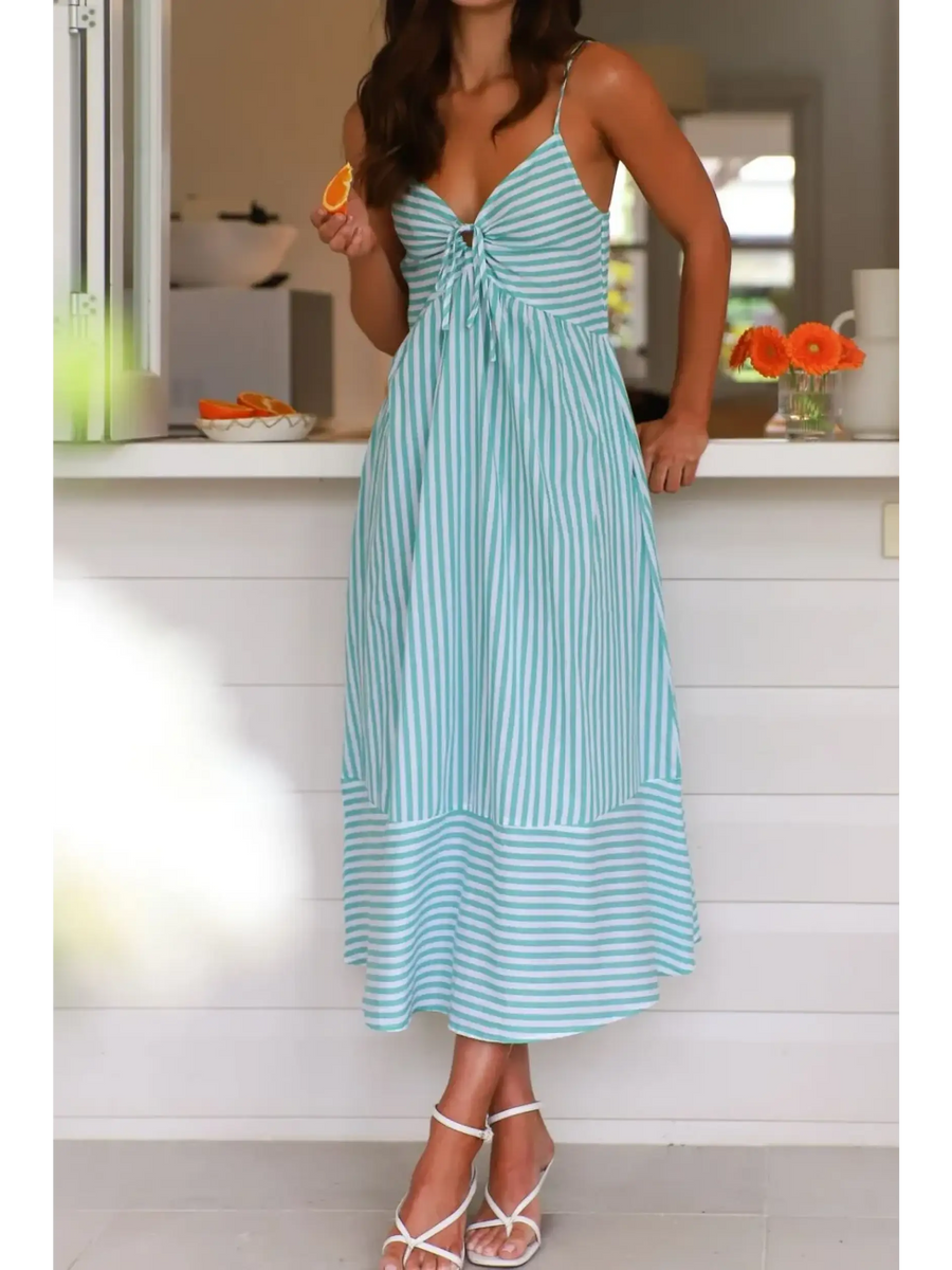 Trendsi blue and white striped beach midi dress with spaghetti straps and a front knot detail