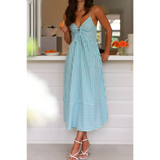 Trendsi blue and white striped beach midi dress with spaghetti straps and a front knot detail