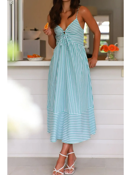 Trendsi blue and white striped beach midi dress with spaghetti straps and a front knot detail