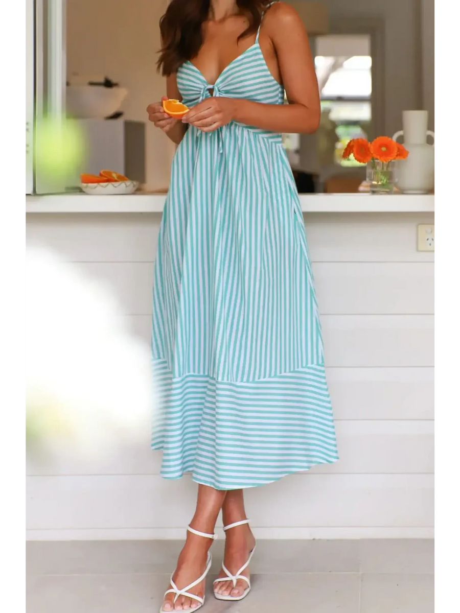 Trendsi blue and white striped beach midi dress with spaghetti straps and a twist front design