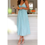 Trendsi blue and white striped beach midi dress with spaghetti straps and a twist front design
