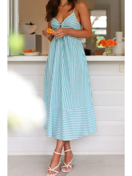 Trendsi blue and white striped beach midi dress with spaghetti straps and a twist front design