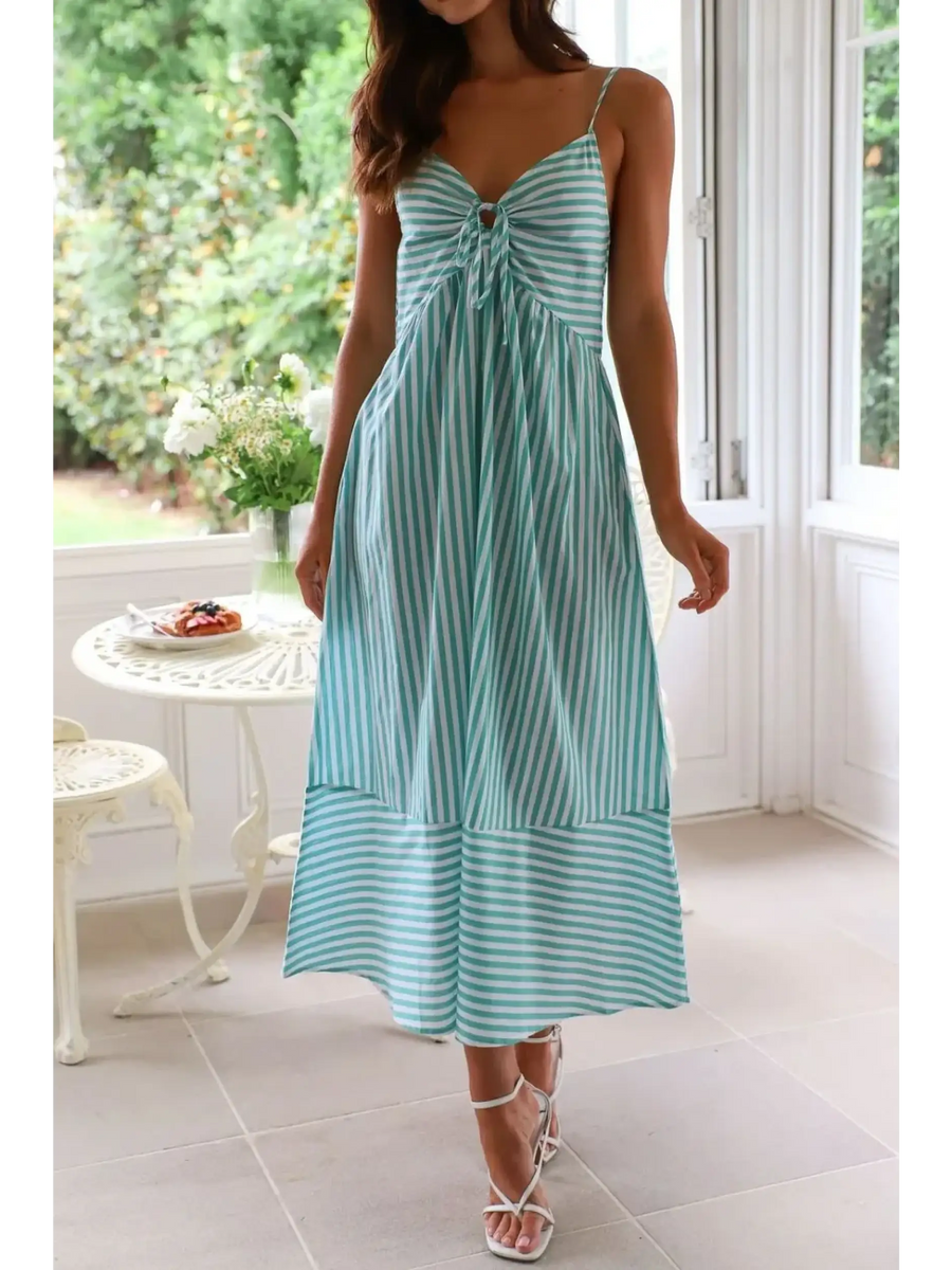 Trendsi beach midi dress with green and white stripes and spaghetti straps for summer