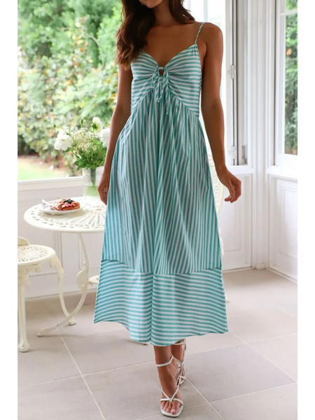 Trendsi beach midi dress with green and white stripes and spaghetti straps for summer