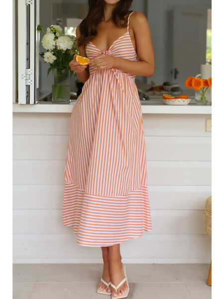 Trendsi striped peach and white sleeveless beach midi dress with a fitted bodice and flowy skirt