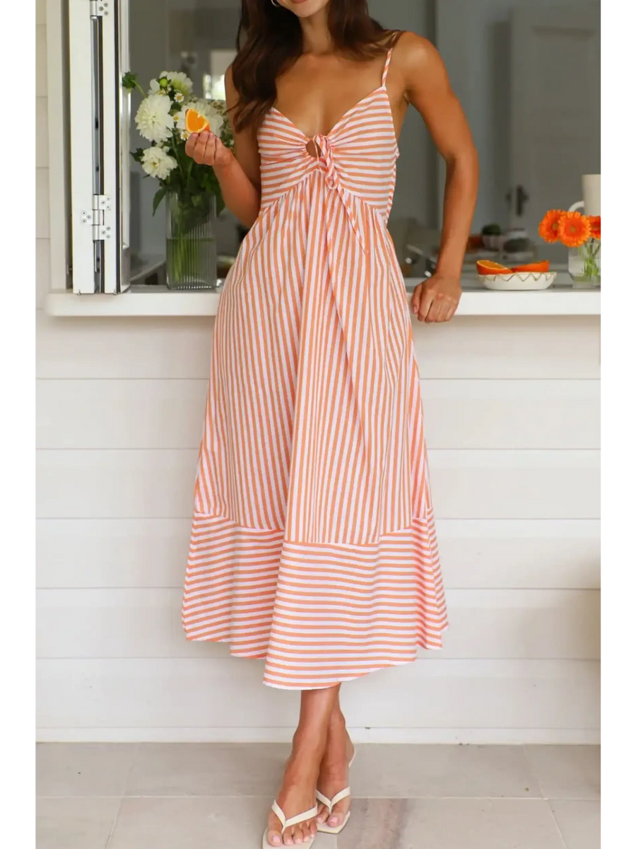 Trendsi beach midi dress with orange and white stripes and spaghetti straps perfect for summer