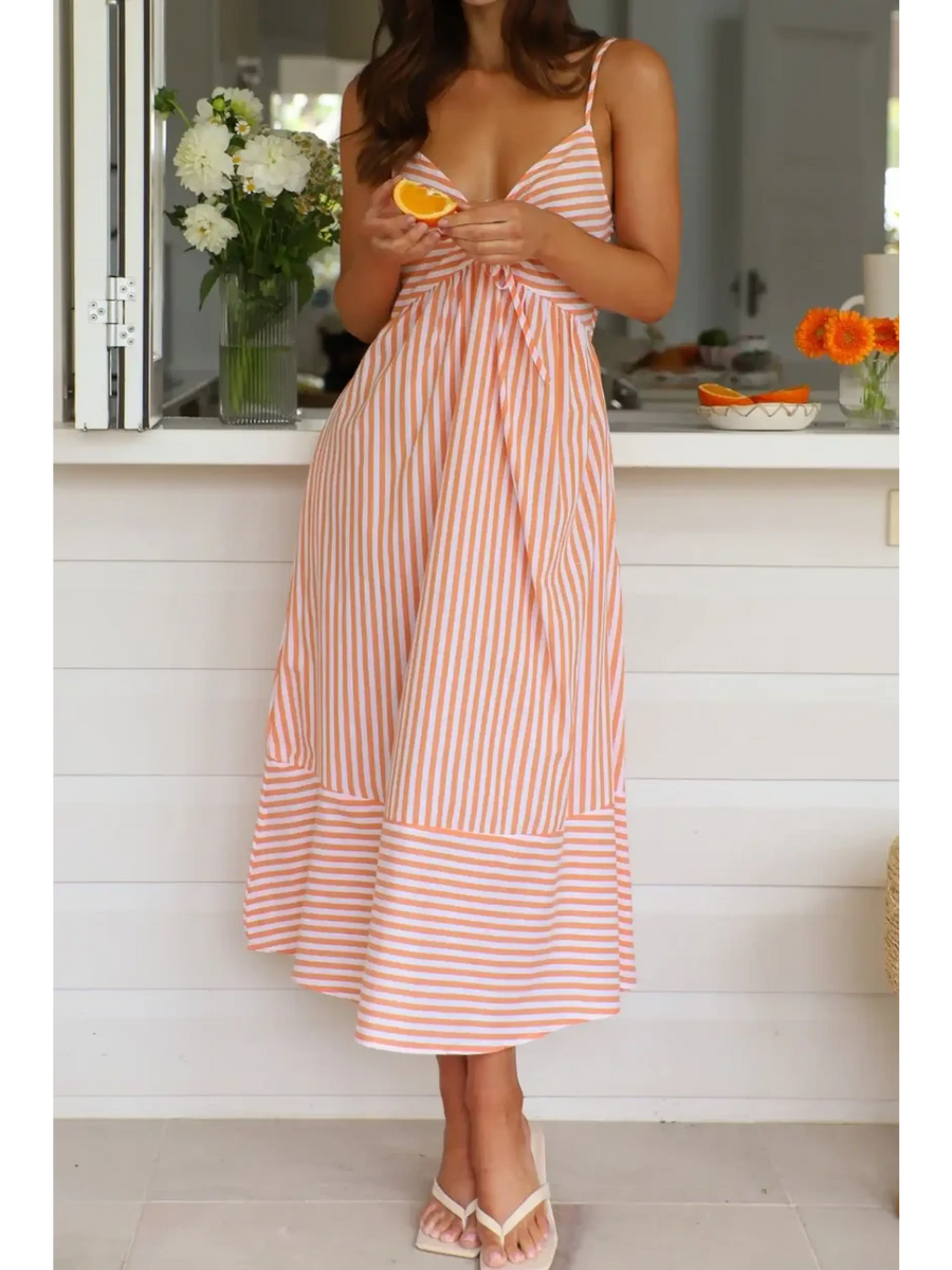 Trendsi striped orange and white beach midi dress with spaghetti straps and relaxed fit
