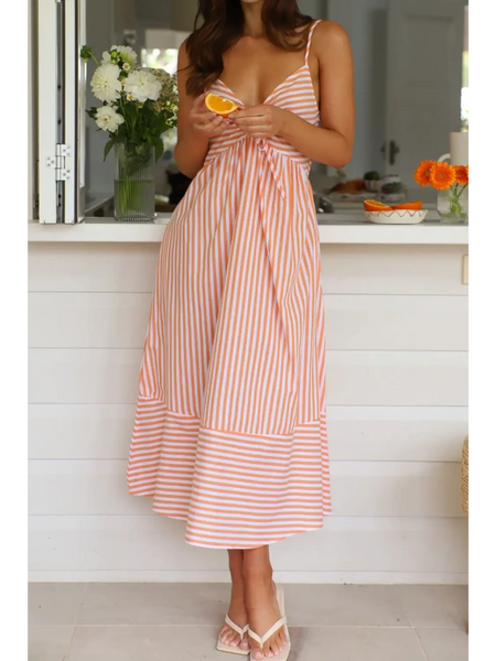 Trendsi striped orange and white beach midi dress with spaghetti straps and relaxed fit