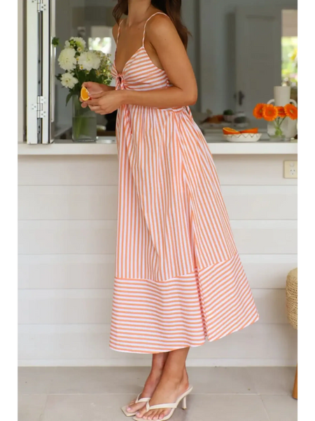 Trendsi beach midi dress with orange and white stripes worn with white heeled sandals