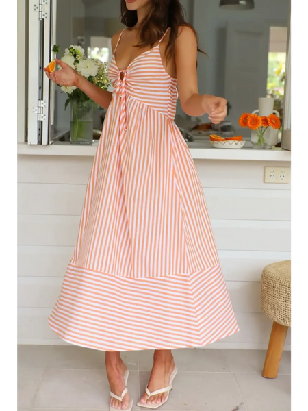 Trendsi beach midi dress with orange and white stripes and tie detail worn with white sandals