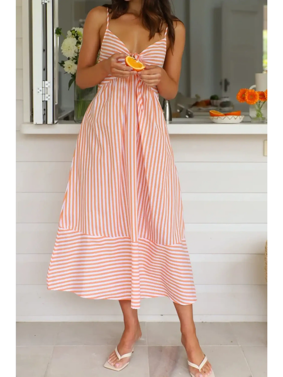 Trendsi striped beach midi dress with spaghetti straps and tie front detail