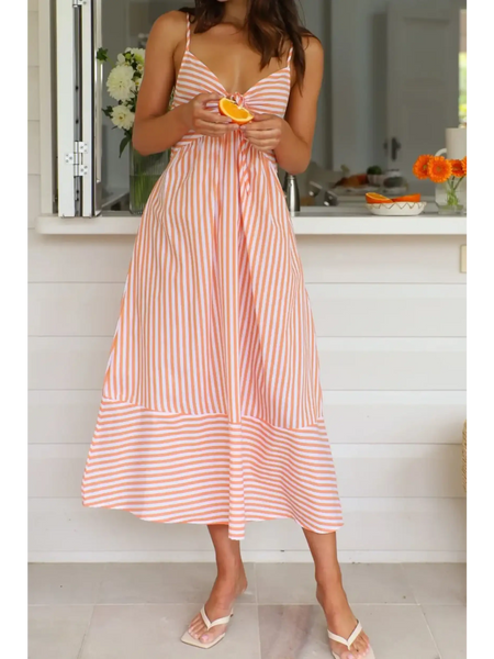 Trendsi striped beach midi dress with spaghetti straps and tie front detail