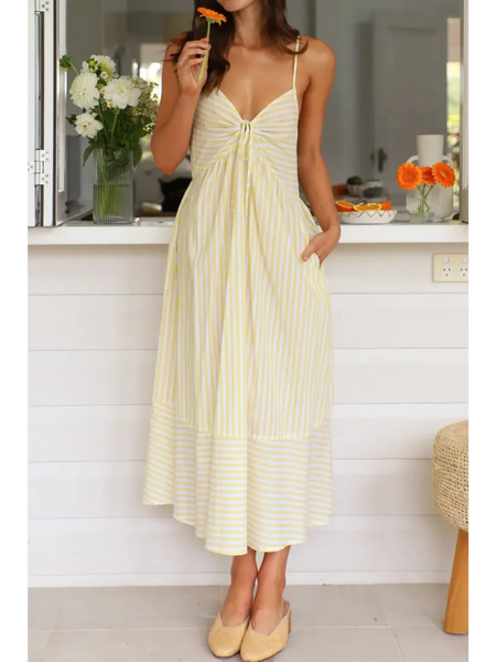 Trendsi yellow and white striped beach midi dress with spaghetti straps and front knot detail