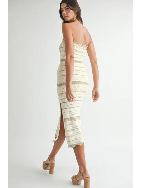 Beach Chic Beach Crochet Knit Slit Midi dress in cream worn by model with strapless design and side slit